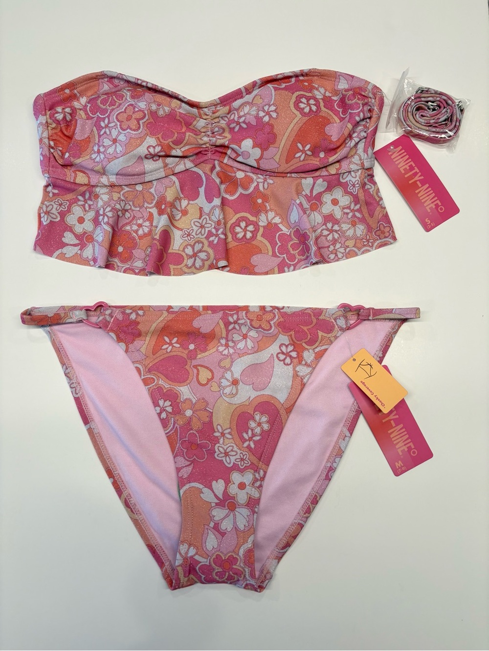 Ninety-Nine Bikini Set Pink Floral Strapless Bikini NWT
